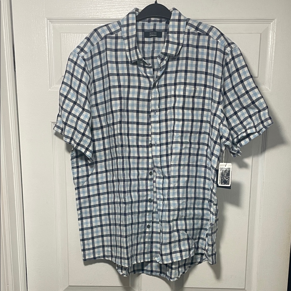 Men's Linen  Blue and White Button Down Shirt